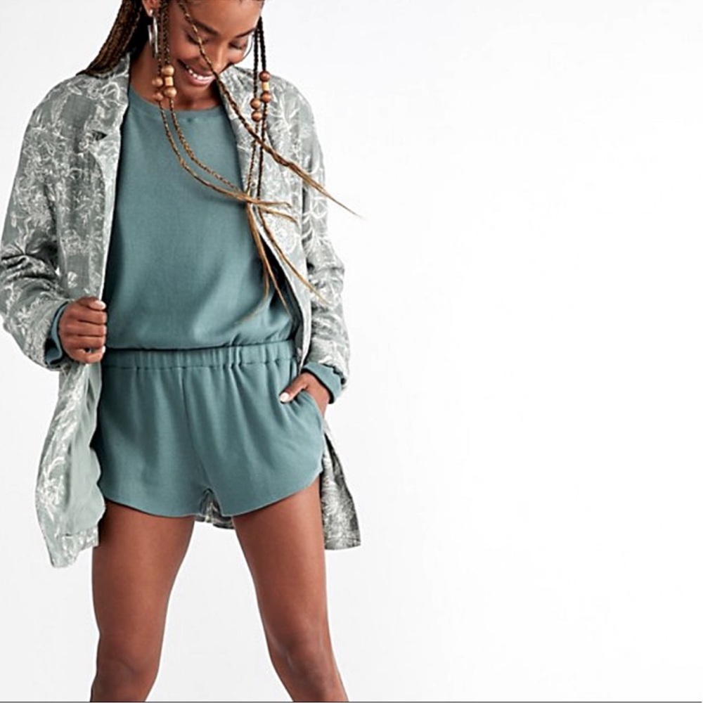 Free People Beach Captain Romper Teal Open Back Sz Large $78